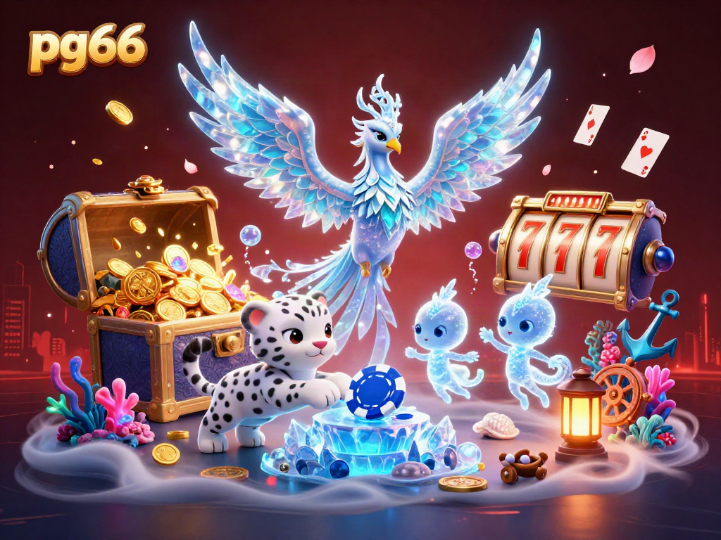 Witness the enchanting ice phoenix and snow leopard cub in a vibrant pg66 casino adventure with sparkling treasures.