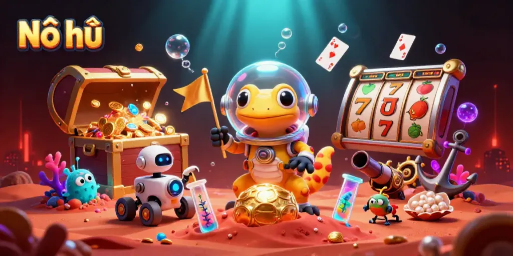 Engage with Nổ hũ through a vibrant illustration showcasing Martian gecko discovering a golden casino amidst slot symbols and treasures.