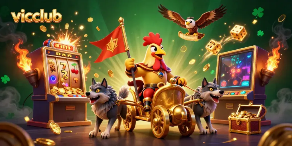 Experience thrilling gameplay with Vicclub’s vibrant 3D casino scenes featuring lucky symbols and golden treasures.
