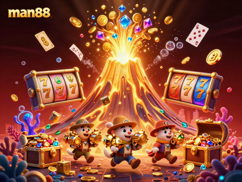 Experience thrilling gameplay with man88 as the golden volcano erupts treasures, surrounded by colorful gems and lively casino elements.