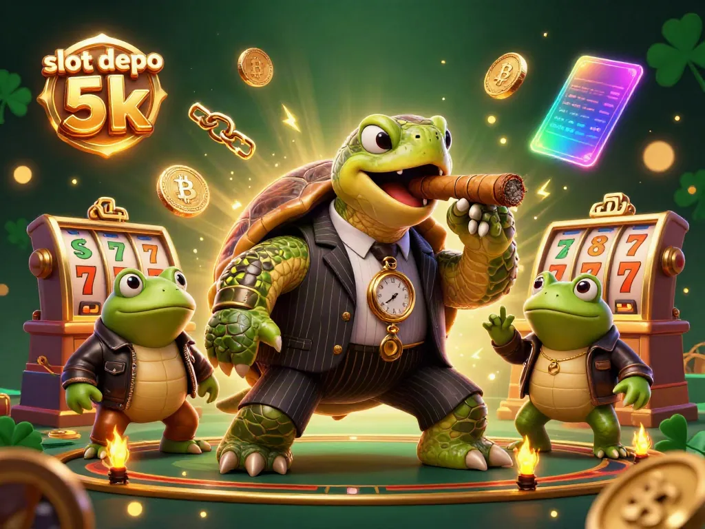 Experience the excitement of slot depo 5k with a 3D cartoon turtle and casino elements lighting up the scene.