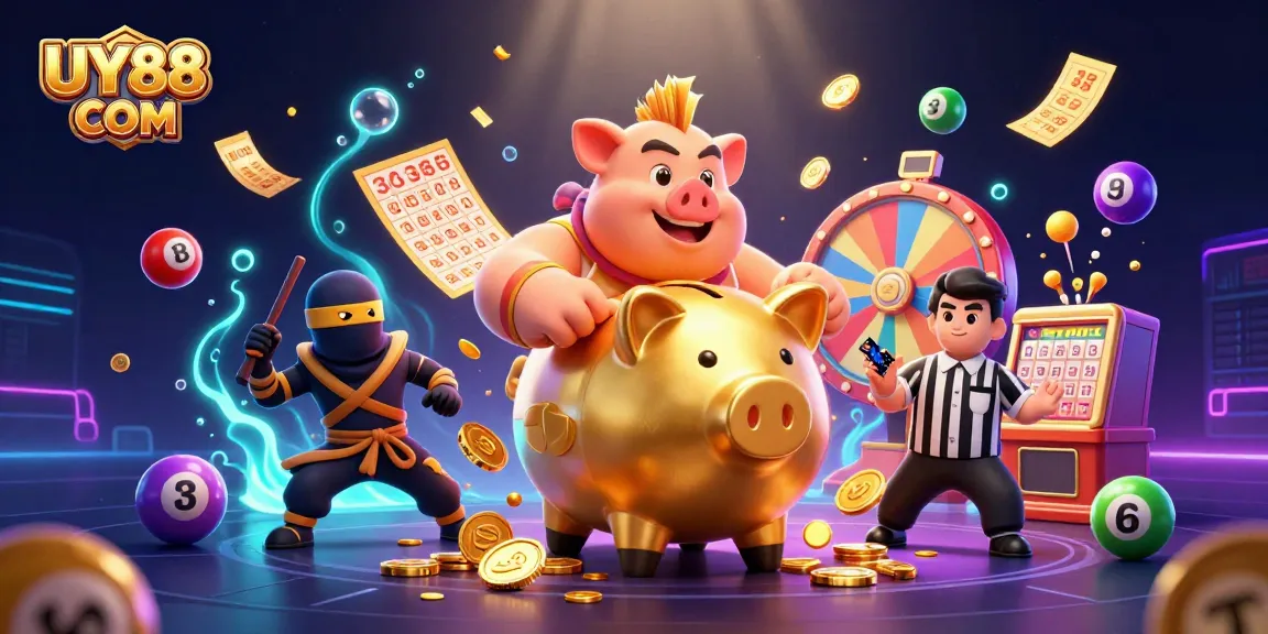Engage with UY88 COM in a vibrant 3D casino-themed illustration showcasing exciting gambling elements.