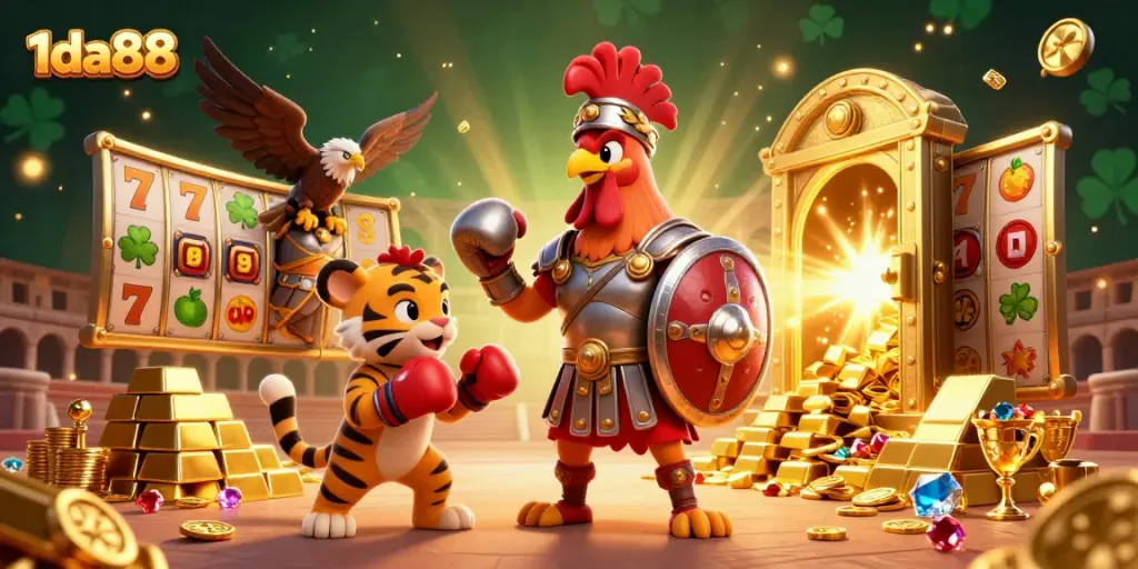 Experience thrilling action with 1da88's vibrant gambling scene featuring a warrior rooster and treasure elements.