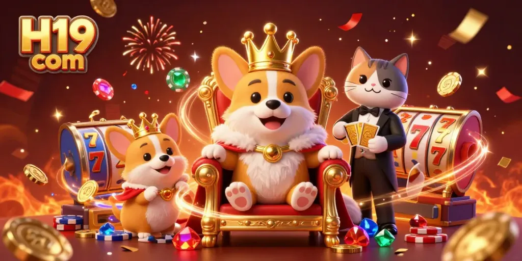 Spin and win at H19 com with vibrant slot games, royal corgi, and rich casino elements.