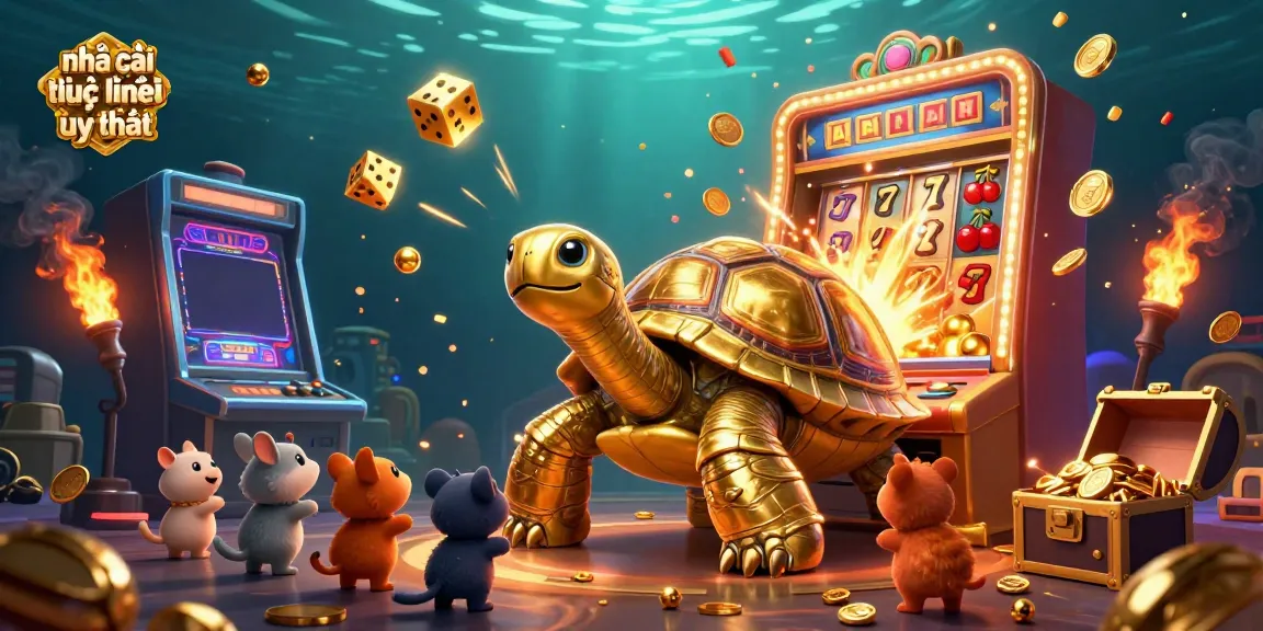 Engage with a vibrant scene showcasing nhà cái trực tuyến uy tín with cartoon characters, gold coins, and slot machines.