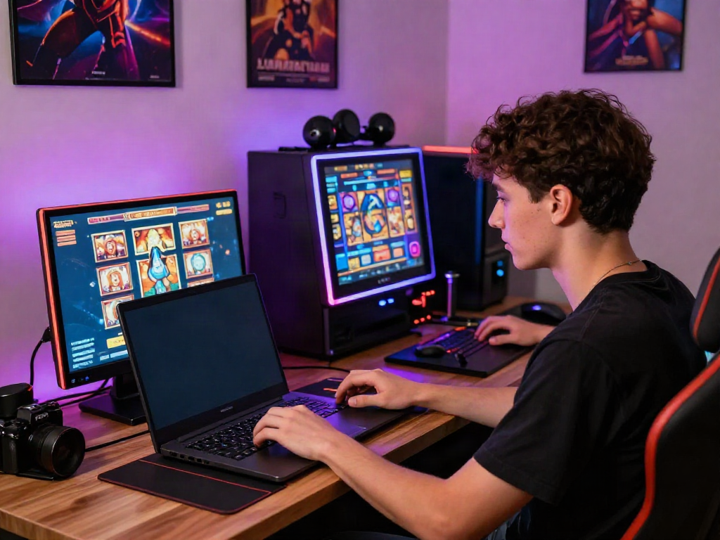 Engaging gaming setup showcasing slot777 gameplay with colorful graphics and cozy atmosphere.