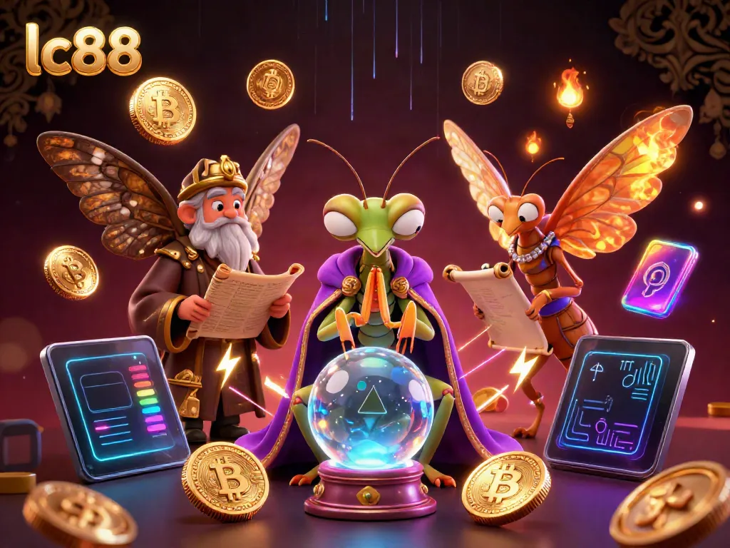 Experience the magic of lc88 as you engage with a mystical scene featuring a fortune teller and golden-winged librarian among crypto elements.