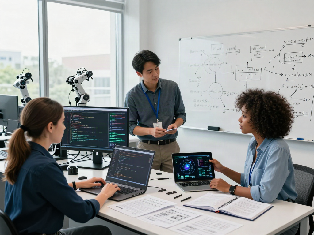 Engineers collaborating on AI projects in a bright innovation lab, showcasing 18+ ai advancements.
