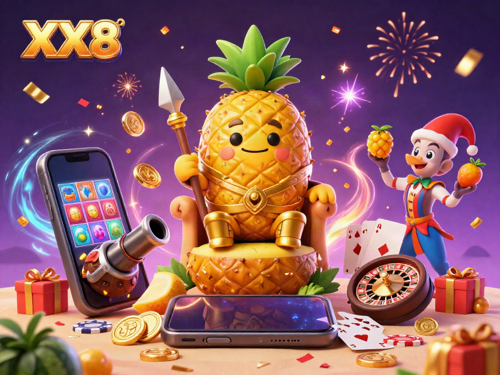 Experience the vibrant energy of XX8 with a golden pineapple king, slot games, and celebration effects on a beach casino.