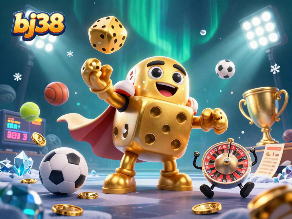 Engage with bj38's exciting gaming elements through a vibrant 3D casino illustration featuring golden dice and sports balls.