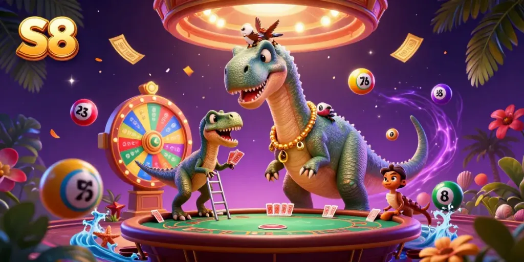 Experience thrilling gaming action with S8's dynamic casino scene featuring playful characters and vibrant elements.
