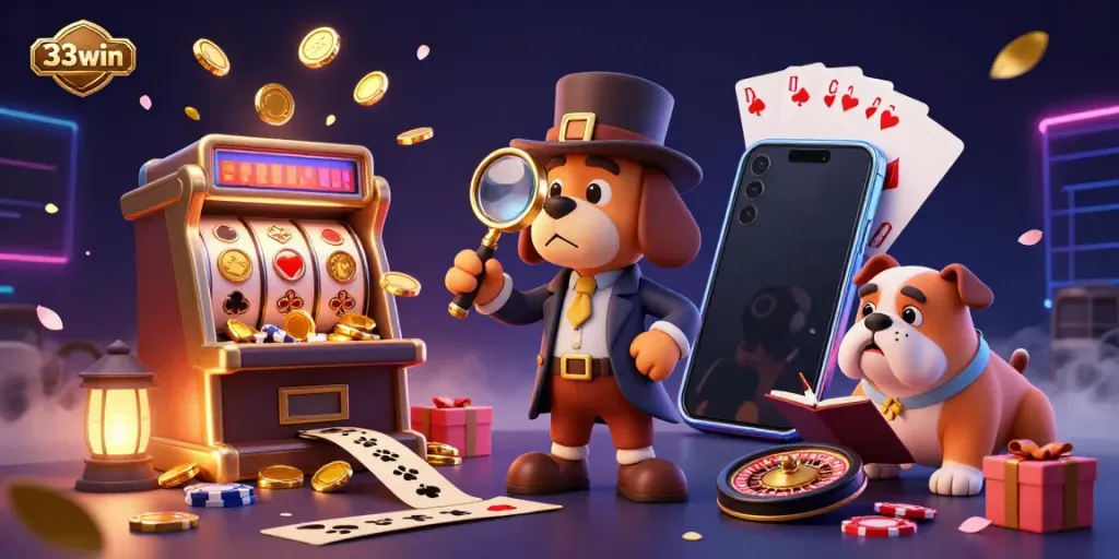 Engaging illustration of a detective character exploring casino treasures at 33win.