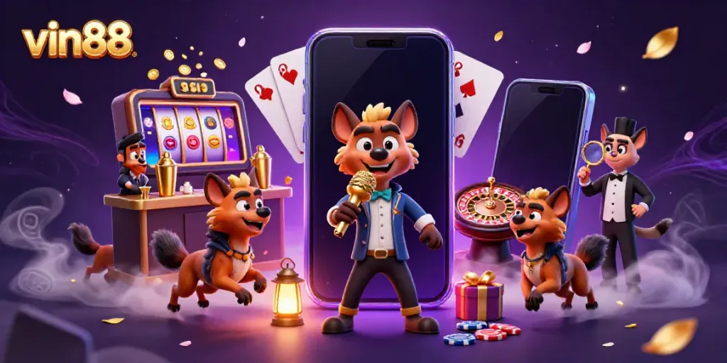 Hyenas engaging in humor at vin88 casino, with vibrant gaming elements surrounding them.