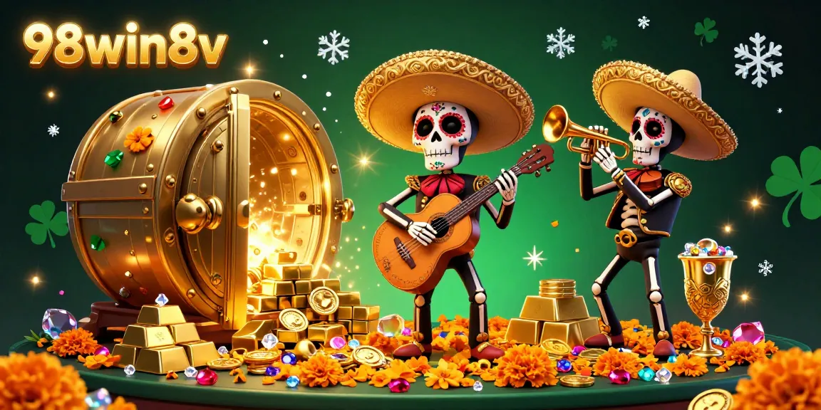 Experience the vibrant atmosphere of 98win8v casino with a colorful skeleton mariachi band surrounded by treasures.