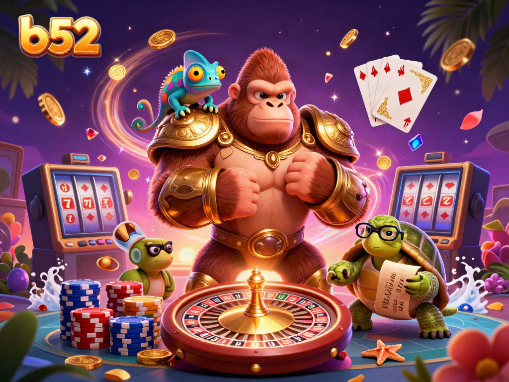 Join the b52 adventure with playful characters and vibrant casino elements, showcasing thrilling gameplay.