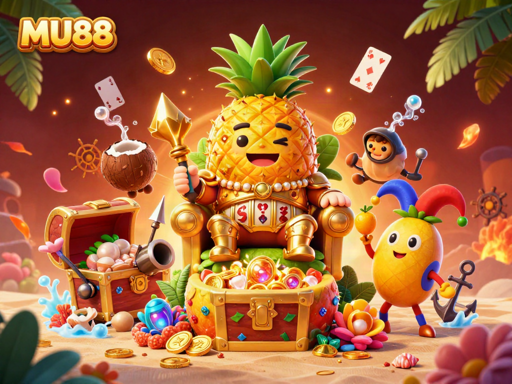 Engage with MU88's vibrant beach casino scene featuring a golden pineapple king and slot elements.