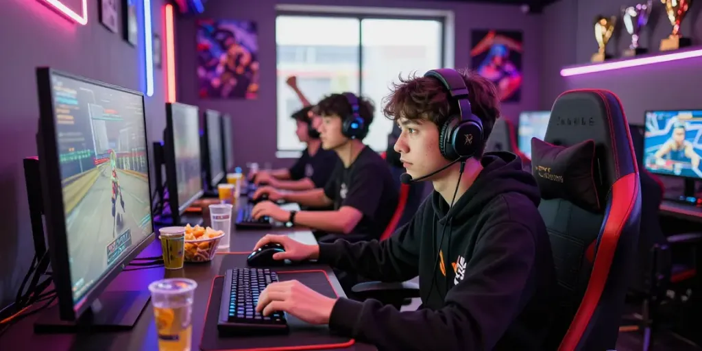 Vibrant esports café scene featuring gaming enthusiasts enjoying warung168 competitions.