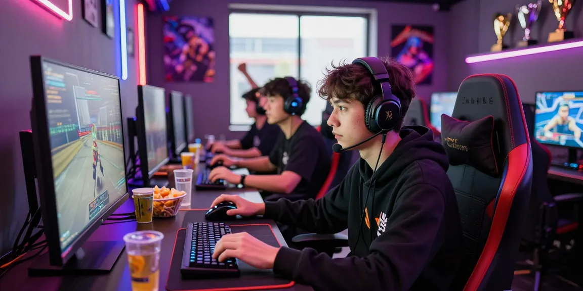 Vibrant esports café scene featuring gaming enthusiasts enjoying warung168 competitions.