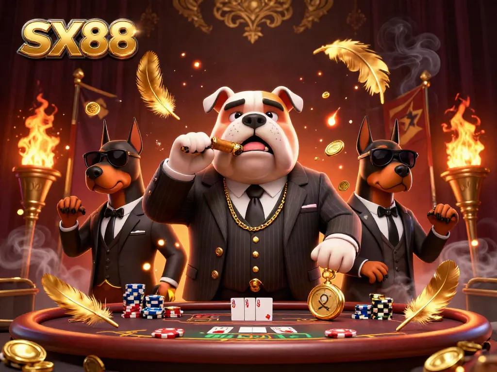 SX88 showcases an intense poker scene with a mafia bulldog and Dobermans surrounded by betting chips.