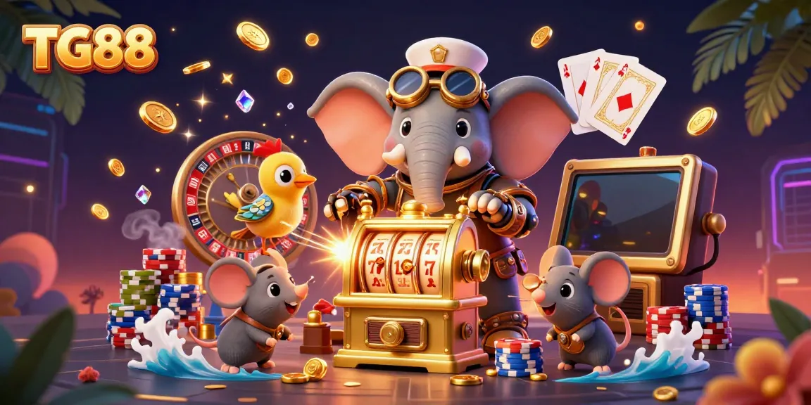 Experience thrilling gaming with TG88, featuring steampunk characters and vibrant casino elements.