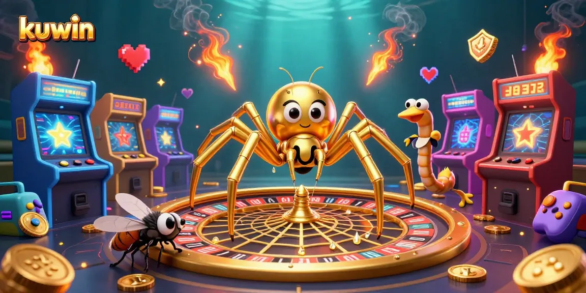 kuwin's golden spider spins a roulette wheel web while colorful gaming elements surround a nervously betting fly.