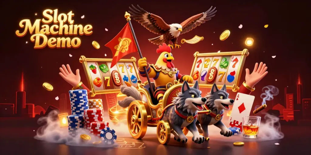 Slot Machine Demo features a vibrant 3D scene with a rooster warlord and wolves amidst dynamic slot elements.