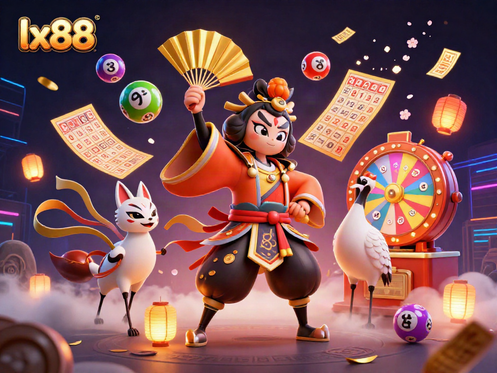 Experience thrilling wins with lx88's vibrant illustrated casino scene featuring dynamic lottery elements.