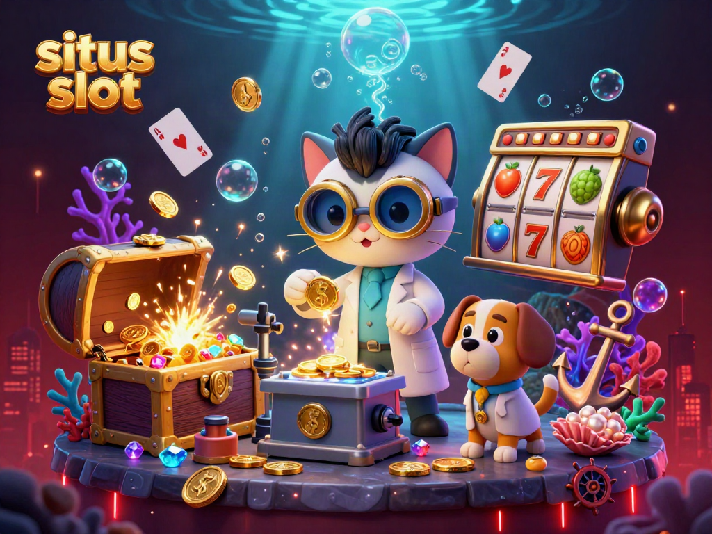 Experience exciting situs slot adventures with mad scientist cat and lively dog in a dazzling casino lab setting.
