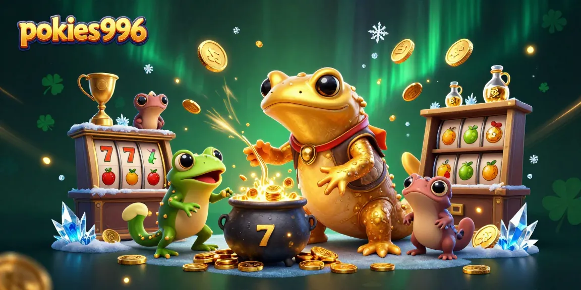 Play pokies996 with exciting slot reels, showcasing vibrant casino elements and characters in a magical scene.