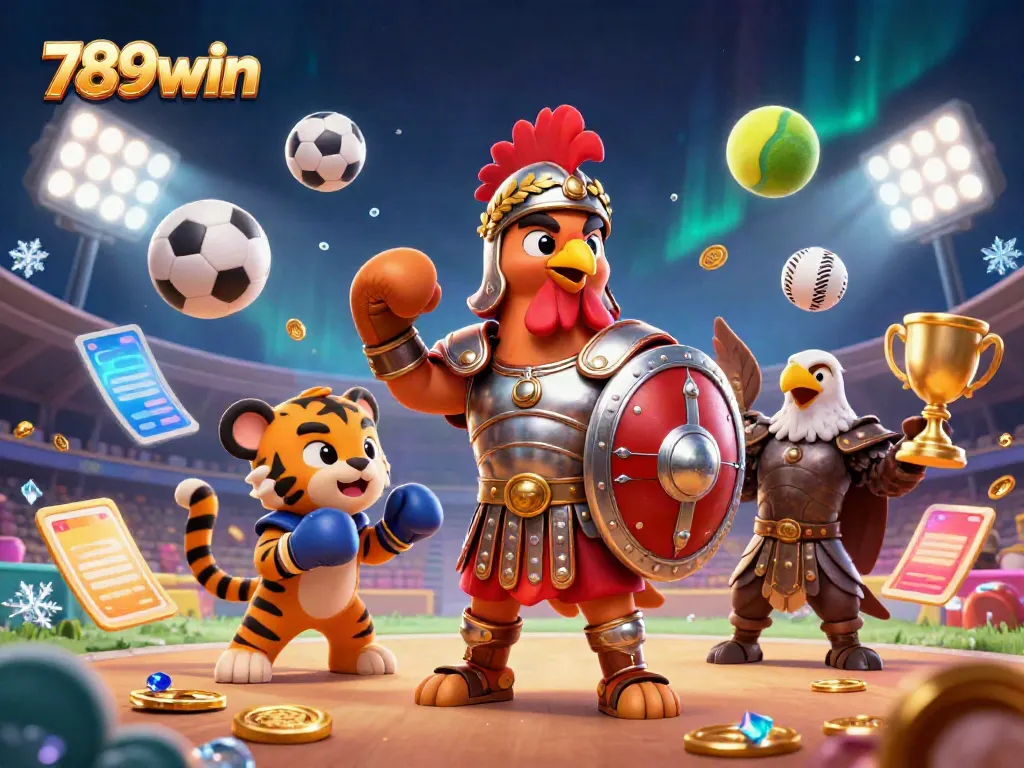 Engage in thrilling action with 789win, featuring a gladiator rooster and sports scenes.
