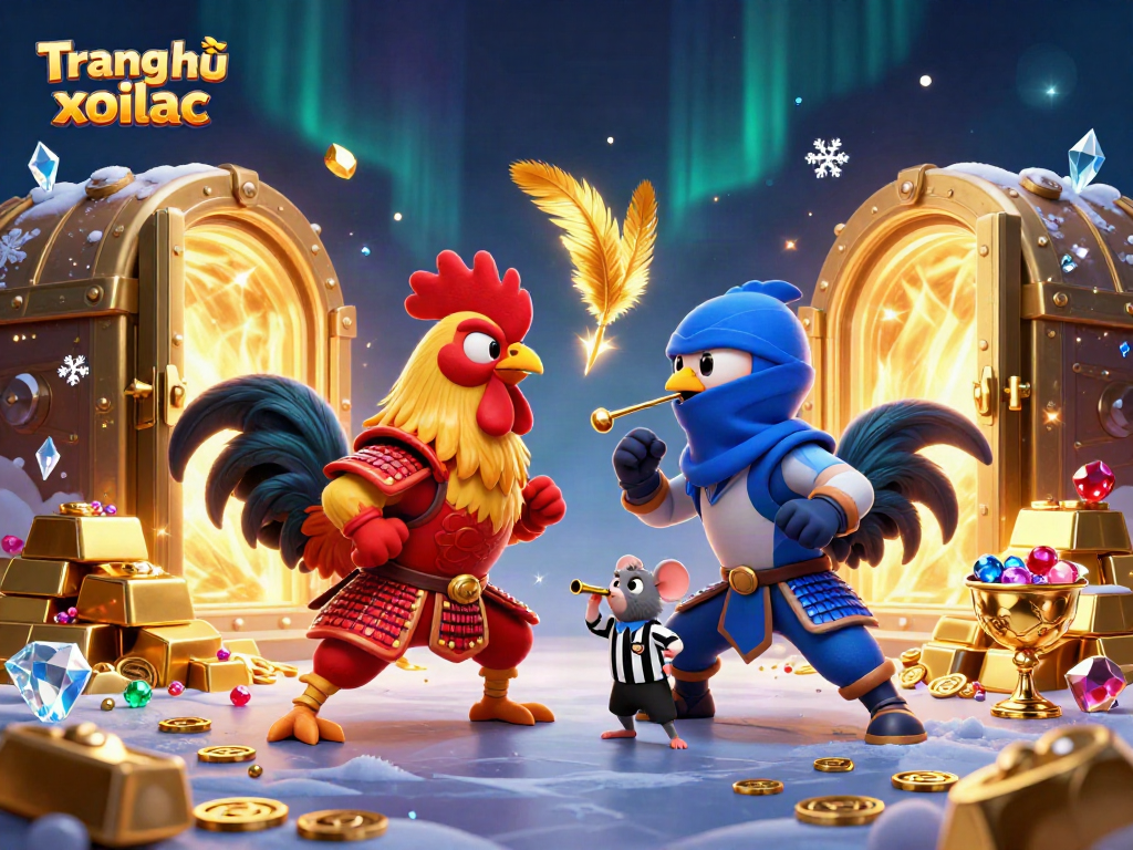Experience thrilling action with fighting roosters on Trang chủ xoilac in a vibrant golden casino scene.