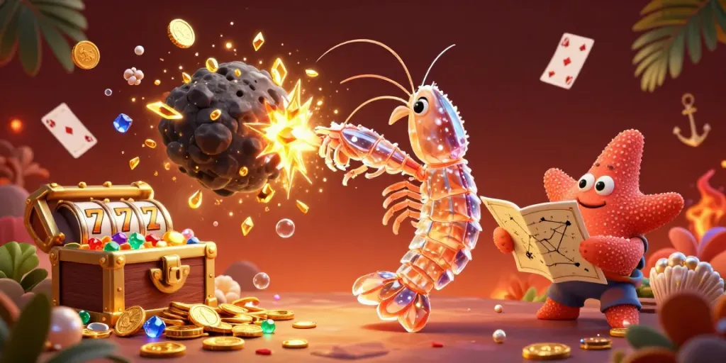 88vbet showcases a vibrant casino scene with a galactic mantis shrimp and treasure elements.