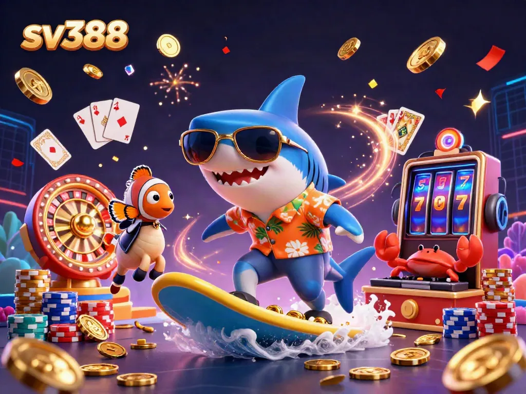 Experience the excitement of sv388 with a vibrant underwater casino adventure featuring cartoon characters in dynamic action.
