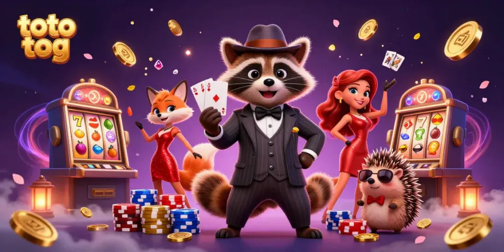Engaging 3D illustration of the "toto tog" casino experience featuring a suave raccoon with a royal flush, vibrant slot machines, and dynamic casino elements.