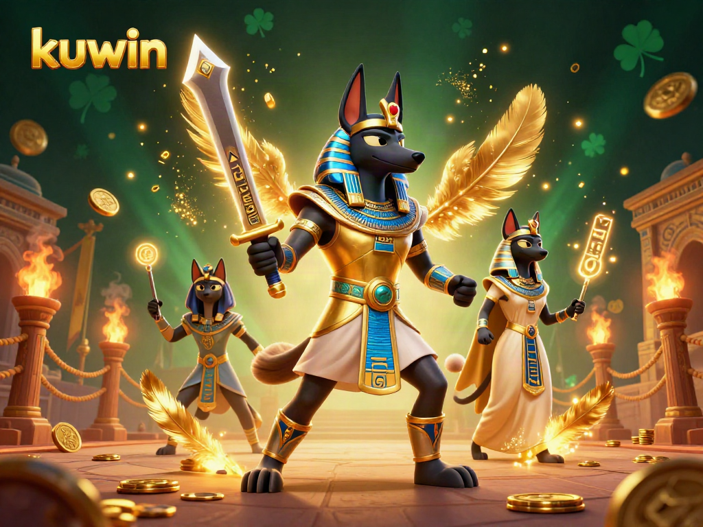 Kuwin illustrates excitement with Anubis and Bastet amid a vibrant casino atmosphere.