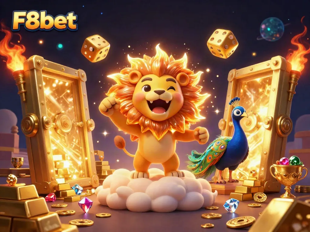 Experience thrilling entertainment with F8bet's vibrant 3D casino illustration featuring a roaring sun lion.