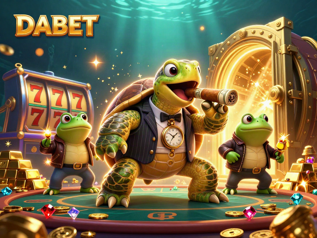 DABET players triumph at the vibrant casino scene, witnessing a treasure vault door bursting with gold and riches.