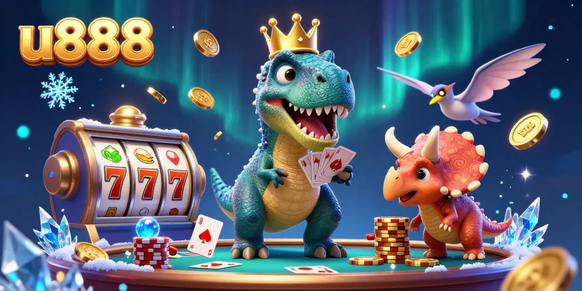 Experience dynamic gambling action with u888's vibrant T-Rex and friends in a detailed cartoon scene.