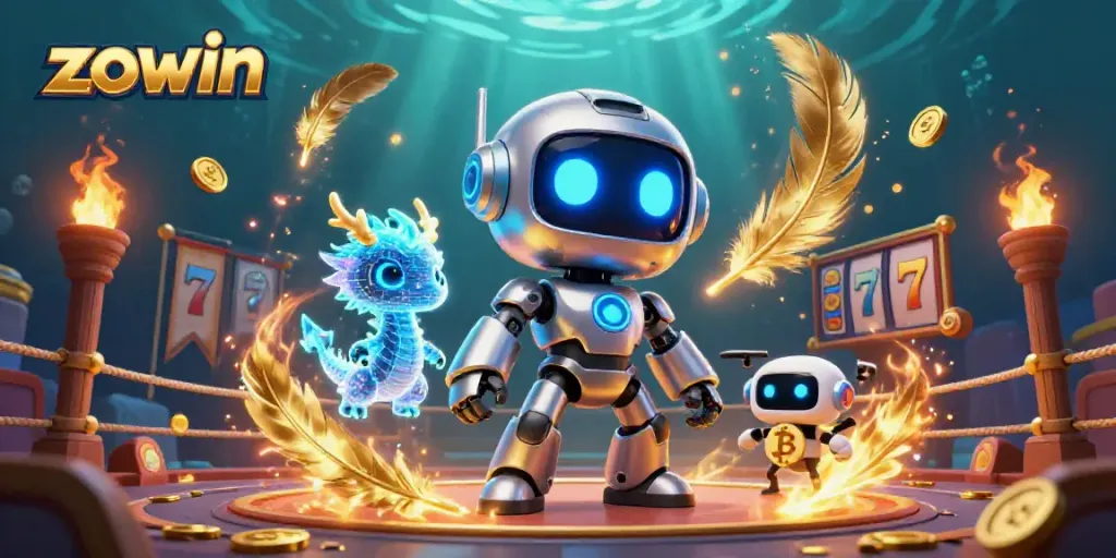 Zowin features a vibrant 3D casino scene with a cyberpunk robot amidst dynamic slots elements.