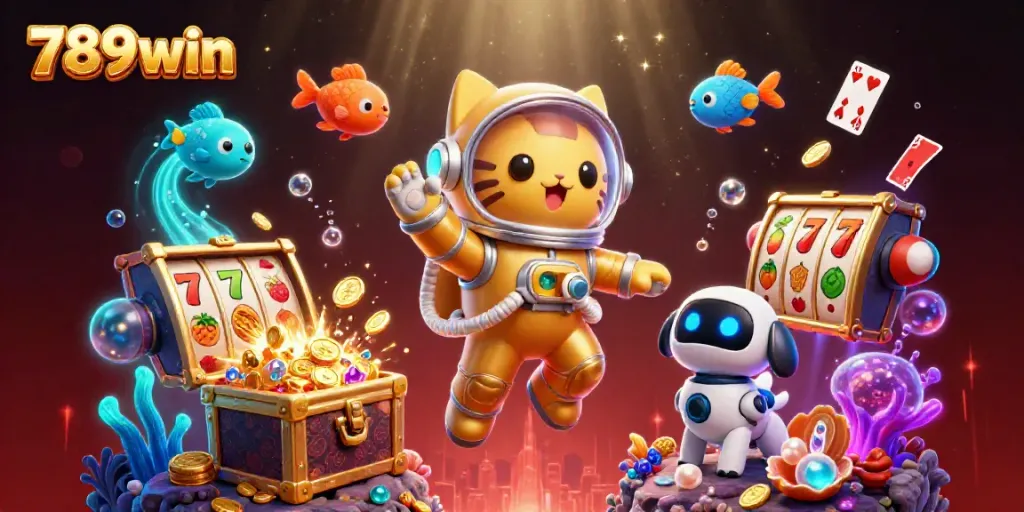 Engage in thrilling play with 789win casino illustrated in a vibrant 3D scene filled with exciting game elements.