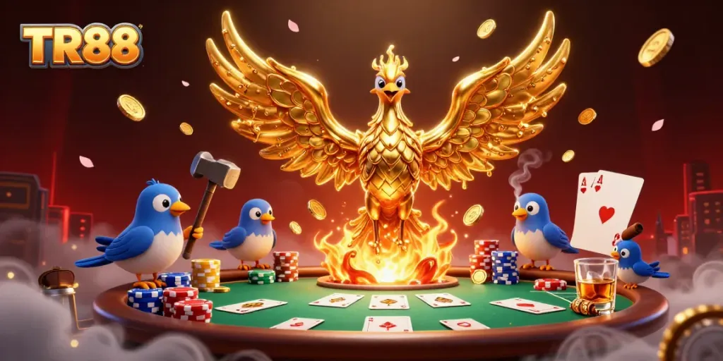 Experience the thrilling world of TR88 with a molten golden phoenix surrounded by poker elements and vibrant casino atmosphere.