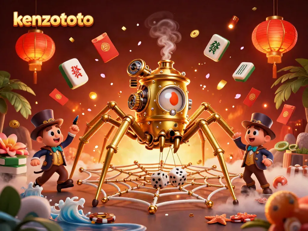 Experience KENZOTOTO's thrilling gameplay with a dynamic steampunk scene featuring a golden spider and poker elements.