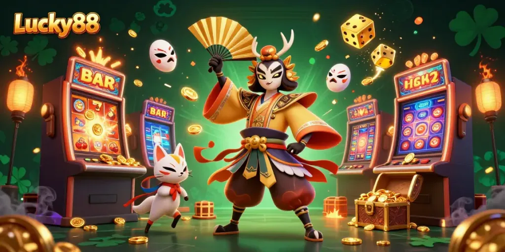 Experience the thrilling world of Lucky88 with a vibrant 3D illustration of dynamic casino action.