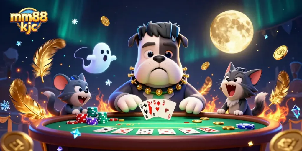 Experience thrilling poker action with mm88 kjc as a Frankenstein bulldog deals cards in a vibrant casino scene.
