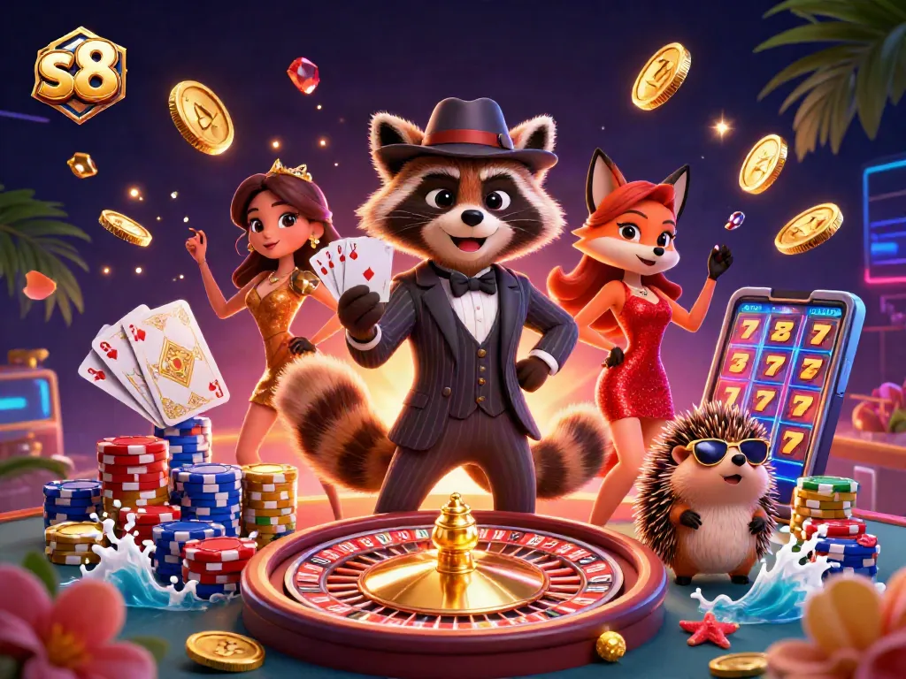 Experience thrilling wins at s8 with raccoon and fox characters in a vibrant casino scene.