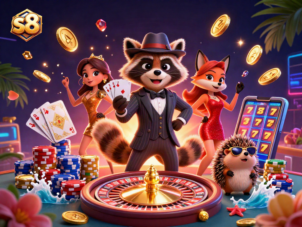 Experience thrilling wins at s8 with raccoon and fox characters in a vibrant casino scene.