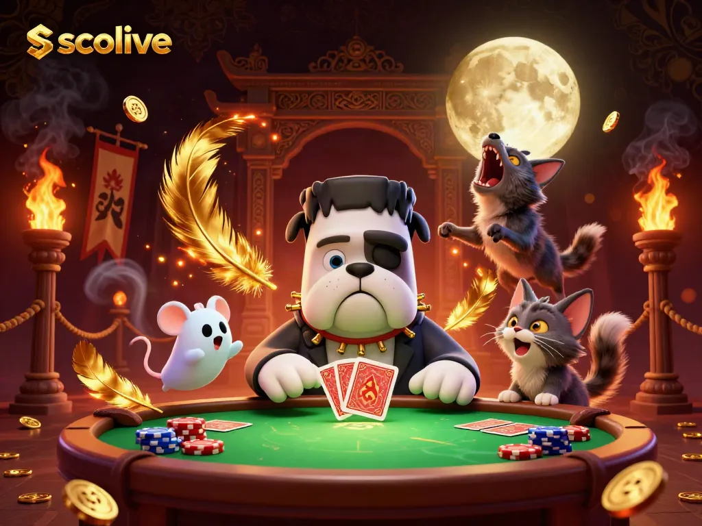 Socolive cards dealt by a cartoon Frankenstein bulldog at a spooky table with ghostly elements.