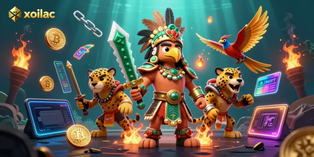Bet on xoilac with 3D Aztec warriors and cryptocurrency elements in a vibrant casino scene.