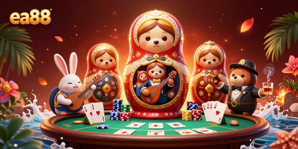 Engage with ea88's vibrant casino scene featuring colorful poker games and festive characters