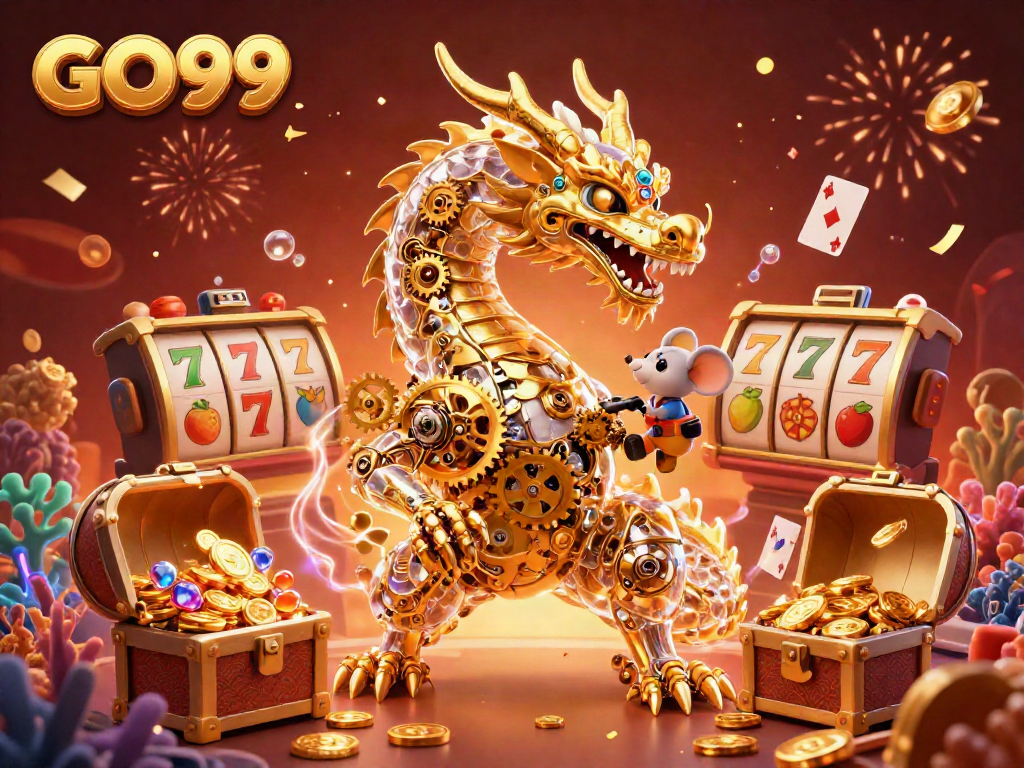 Engage with GO99’s vibrant casino scene featuring a biomechanical dragon surrounded by slot reels and treasures.